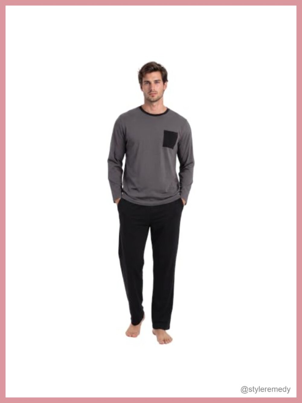 Men's Organic Cotton Pajama Set Long Sleeve Crewneck Drawstring Pockets